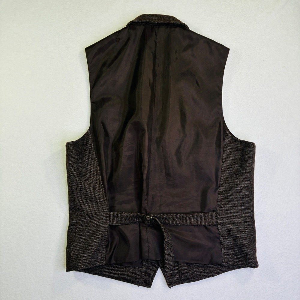 Tasso Elba Mens Brown Wool Blend Tweed Vest Large Notched Lapel Cinch Back L - Picture 2 of 8